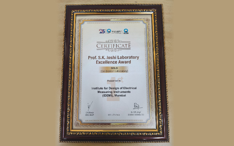 Prof. S. K. Joshi Laboratory Excellance award Gold Category Certificate to IDEMI